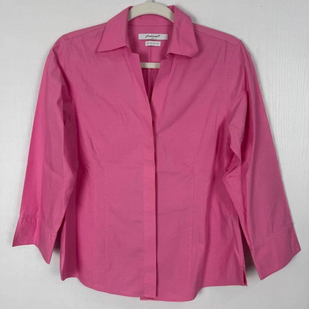 Foxcroft NYC Heritage Pink Button Up Shirt 3/4 Sleeve Non Iron‎ Women Top Size 4